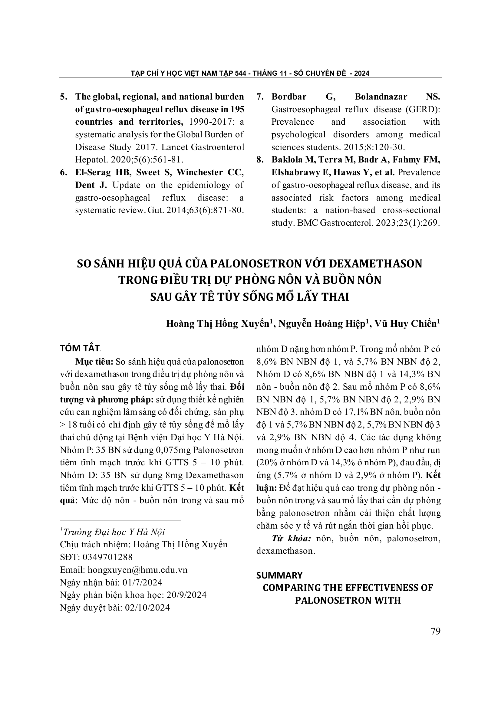 So sánh hiệu quả của palonosetron với dexamethason trong điều trị dự phòng nôn và buồn nôn sau gây tê tủy sống mổ lấy thai
