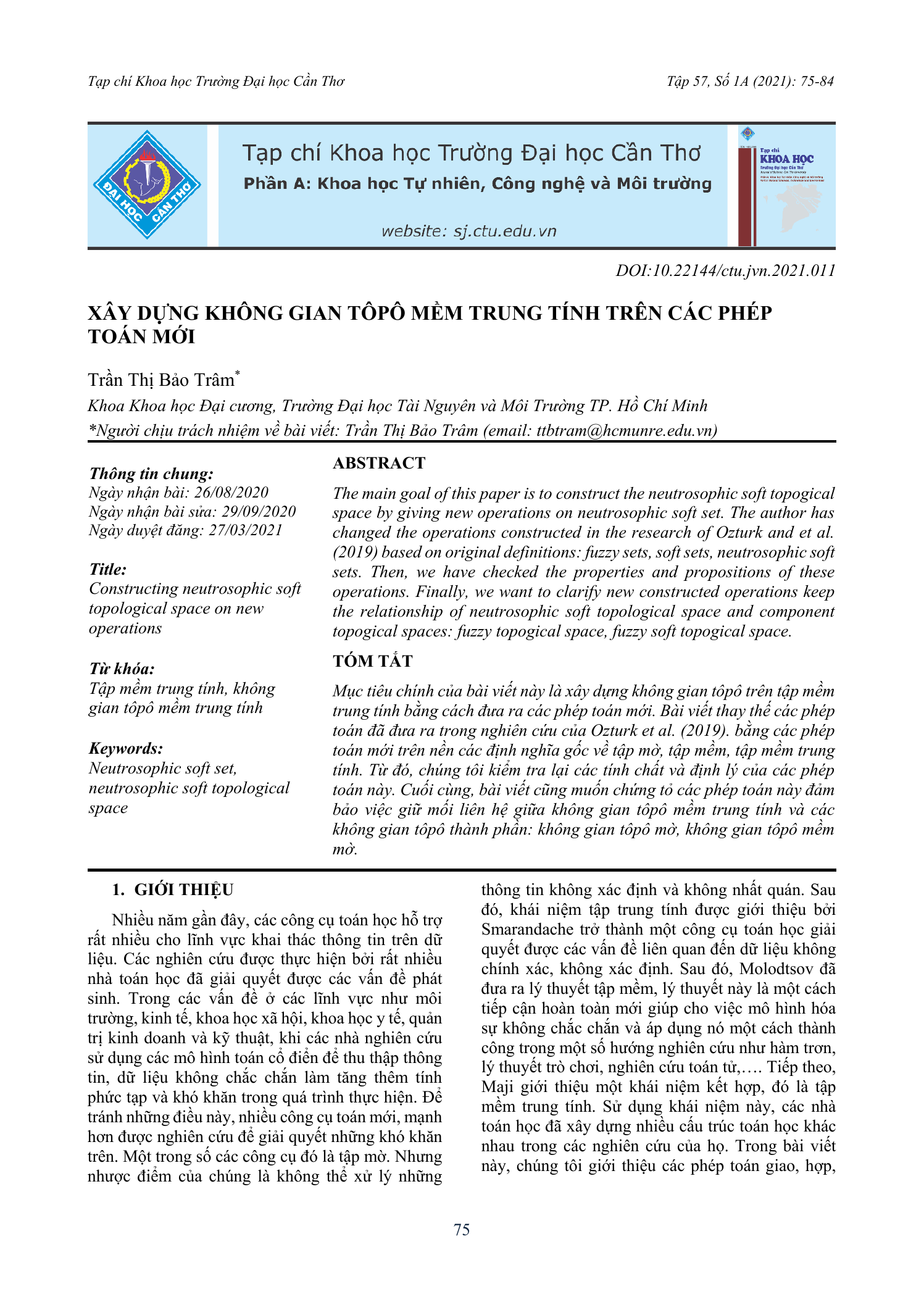 Xây dựng không gian tôpô mềm trung tính trên các phép toán mới