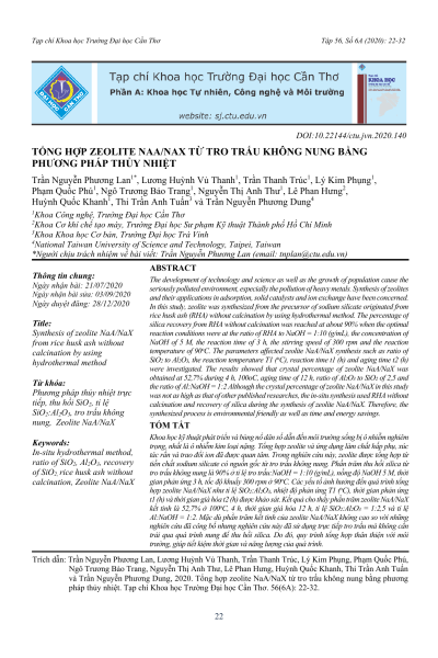 Tổng hợp zeolite NaA/NaX từ tro trấu không nung bằng phương pháp thủy nhiệt