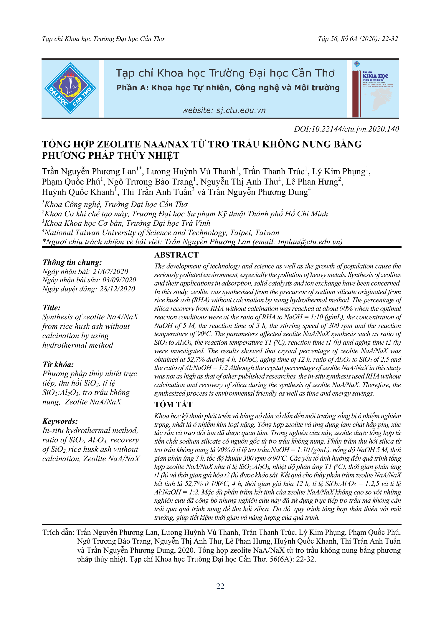 Tổng hợp zeolite NaA/NaX từ tro trấu không nung bằng phương pháp thủy nhiệt