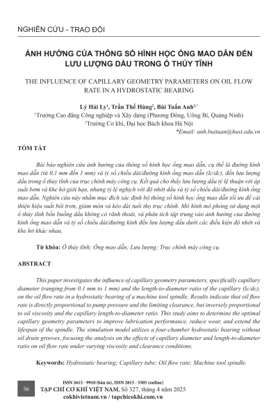 Ảnh hưởng của thông số hình học ống mao dẫn đến lưu lượng dầu trong ổ thủy tĩnh