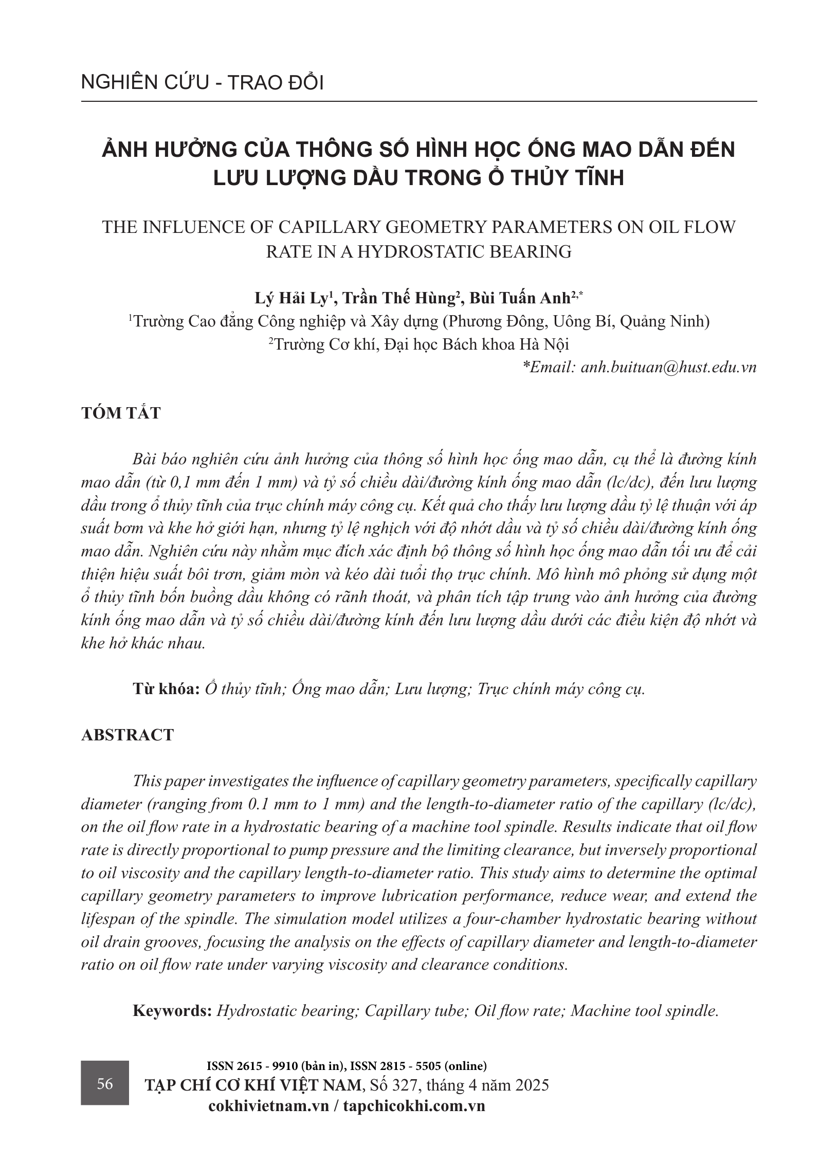 Ảnh hưởng của thông số hình học ống mao dẫn đến lưu lượng dầu trong ổ thủy tĩnh