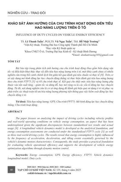 Khảo sát ảnh hưởng của chu trình hoạt động đến tiêu hao năng lượng trên ô tô
