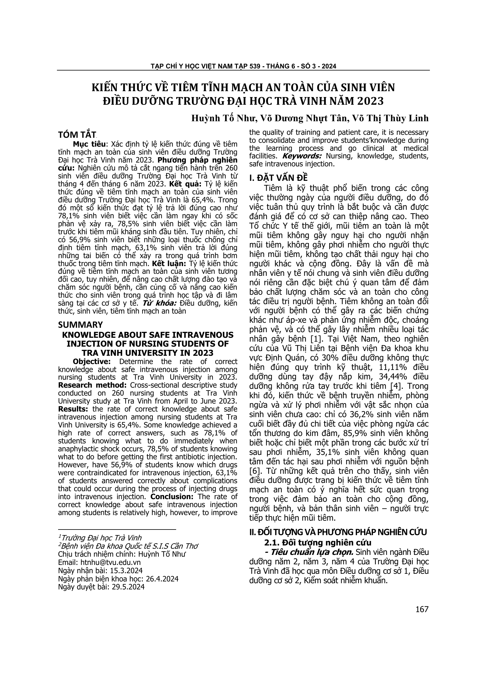 Kiến thức về tiêm tĩnh mạch an toàn của sinh viên điều dưỡng trường Đại học Trà Vinh năm 2023